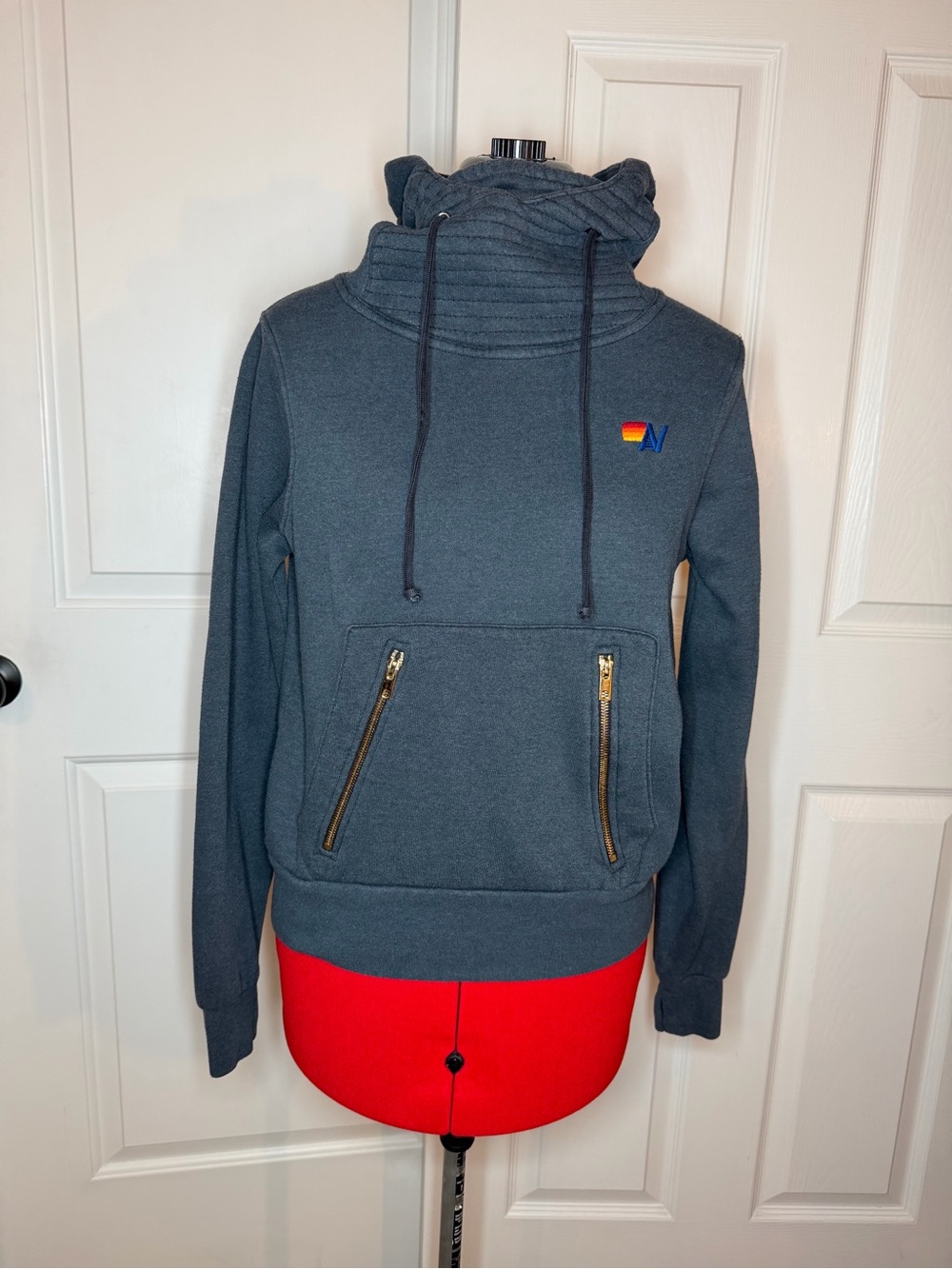 Aviator Nation Ninja Pullover Faded Black Dark Gray Hoodie Funnel Neck Women XS.